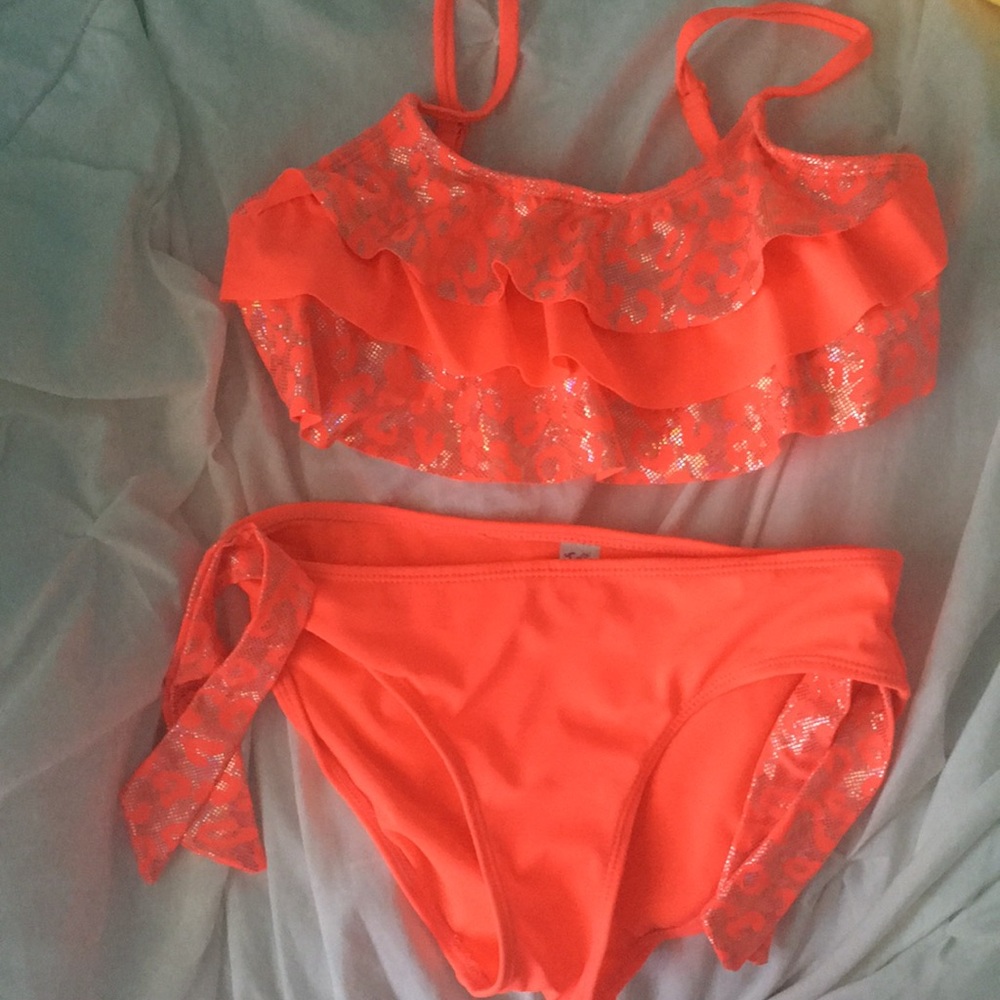 New Neon orange/silver girls RUFFLE BIKINI w/ ties